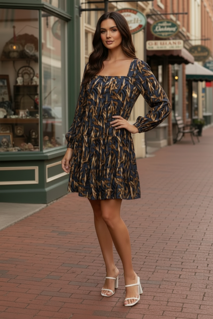 LONG SLEEVE WOVEN PRINT TIERED DRESS WITH SQUARE NECK LINE-SKSY5823.