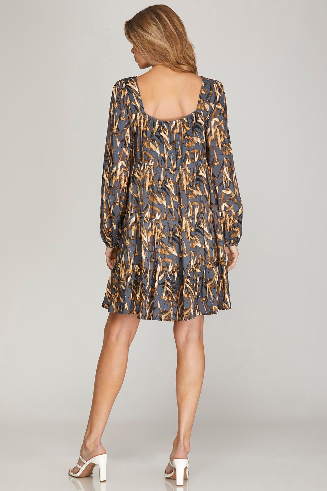 LONG SLEEVE WOVEN PRINT TIERED DRESS WITH SQUARE NECK LINE