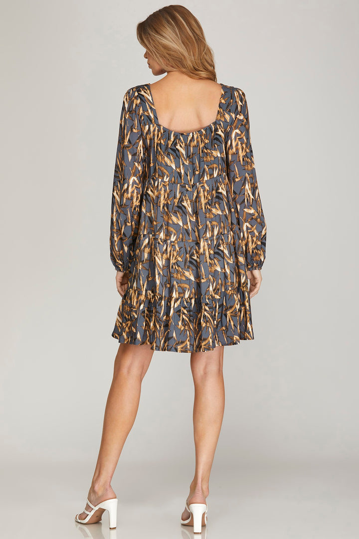 LONG SLEEVE WOVEN PRINT TIERED DRESS WITH SQUARE NECK LINE
