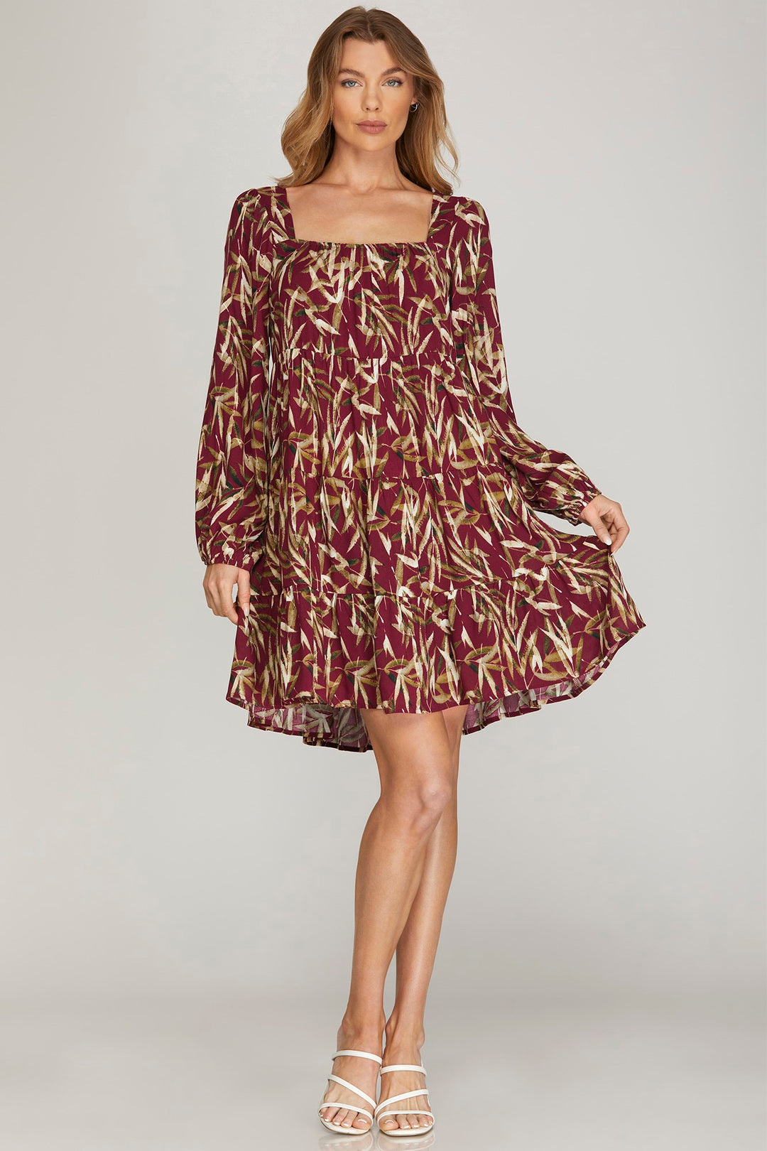 LONG SLEEVE WOVEN PRINT TIERED DRESS WITH SQUARE NECK LINE