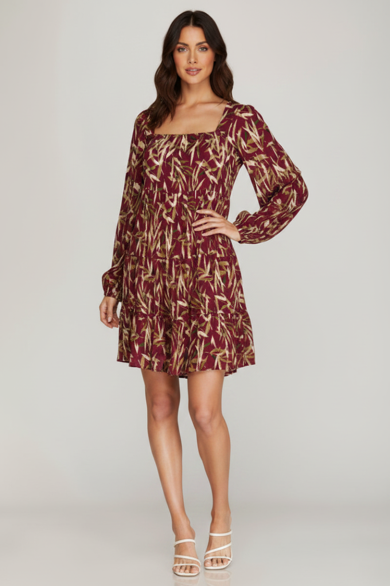LONG SLEEVE WOVEN PRINT TIERED DRESS WITH SQUARE NECK LINE-SKSY5823.