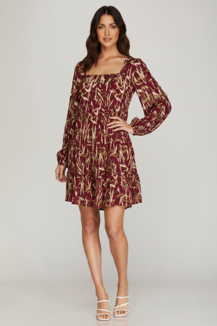 LONG SLEEVE WOVEN PRINT TIERED DRESS WITH SQUARE NECK LINE-SKSY5823.