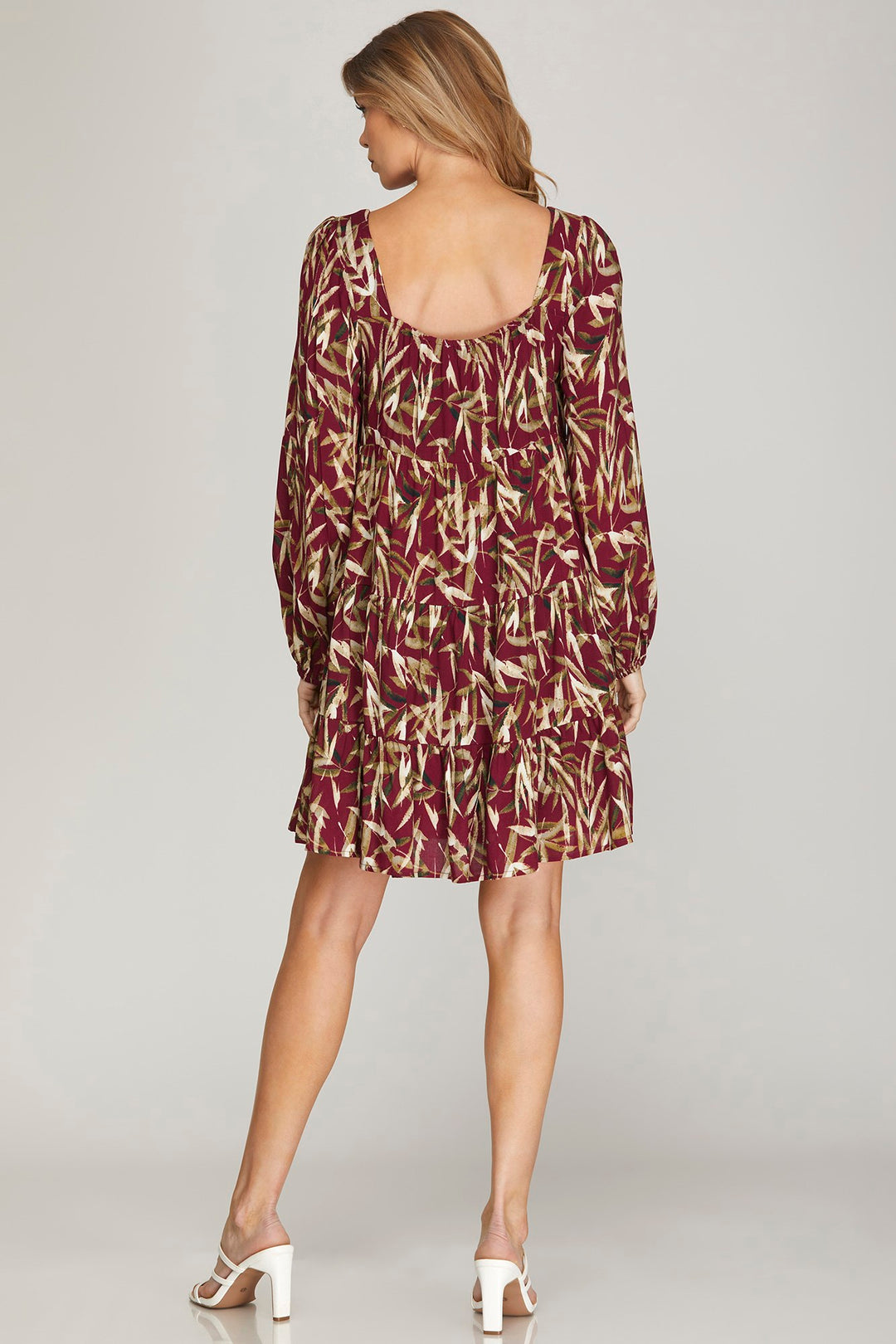 LONG SLEEVE WOVEN PRINT TIERED DRESS WITH SQUARE NECK LINE