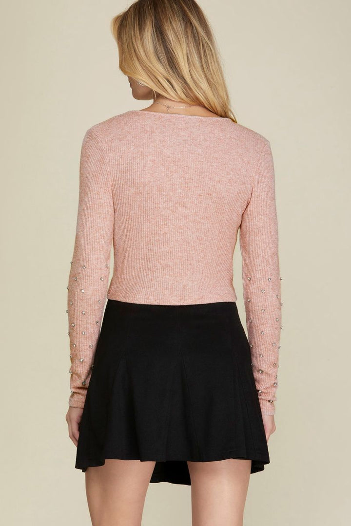ROSE BEADED RHINESTONE LONG SLEEVES RIB KNIT TOP SKSY5926