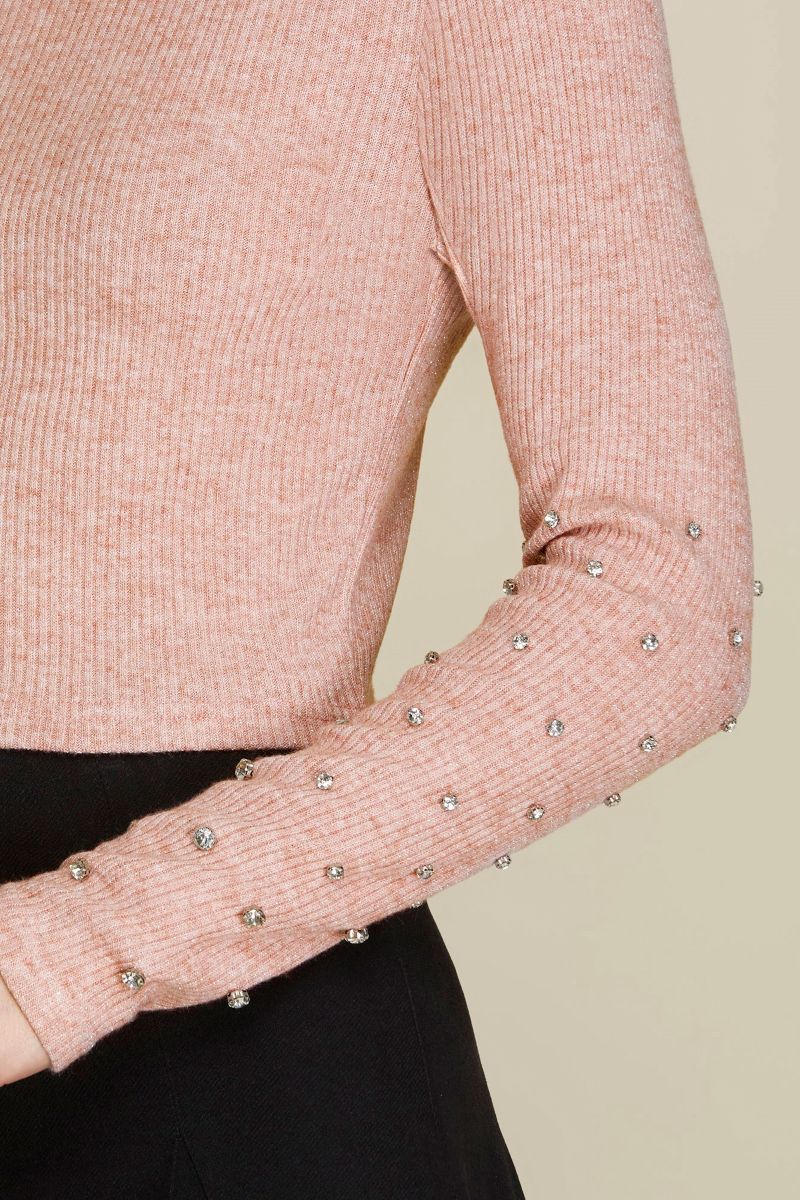 ROSE BEADED RHINESTONE LONG SLEEVES RIB KNIT TOP SKSY5926