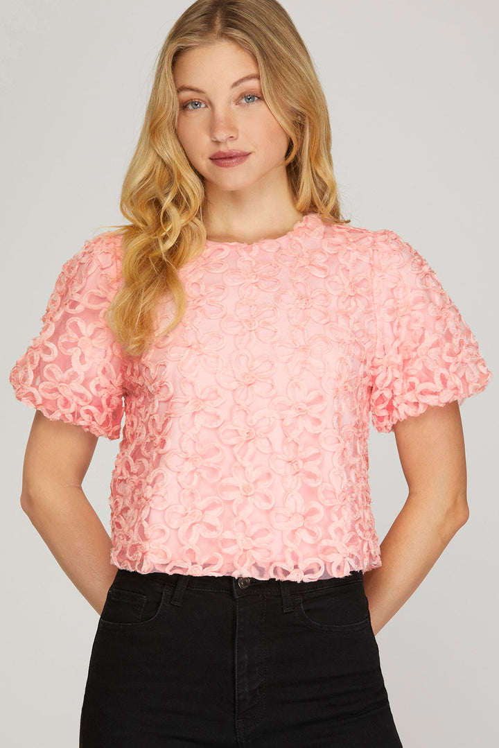 BLACK PUFF SLEEVES 3D MESH FLOWER TOP