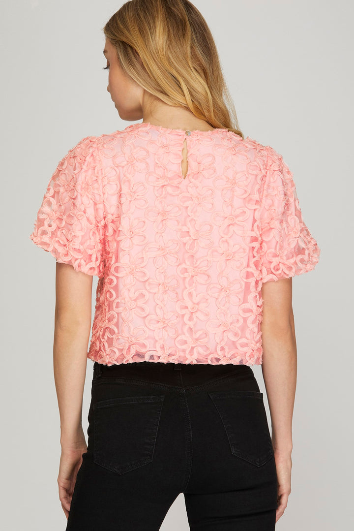 BLACK PUFF SLEEVES 3D MESH FLOWER TOP