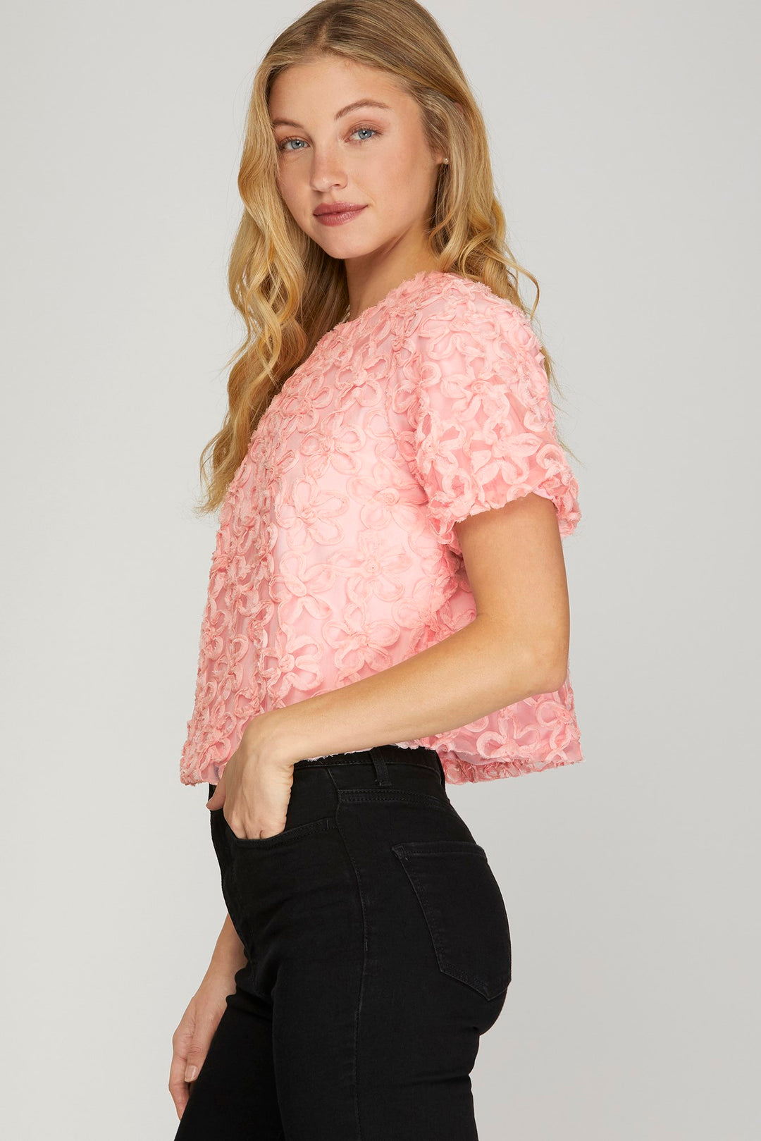 BLACK PUFF SLEEVES 3D MESH FLOWER TOP