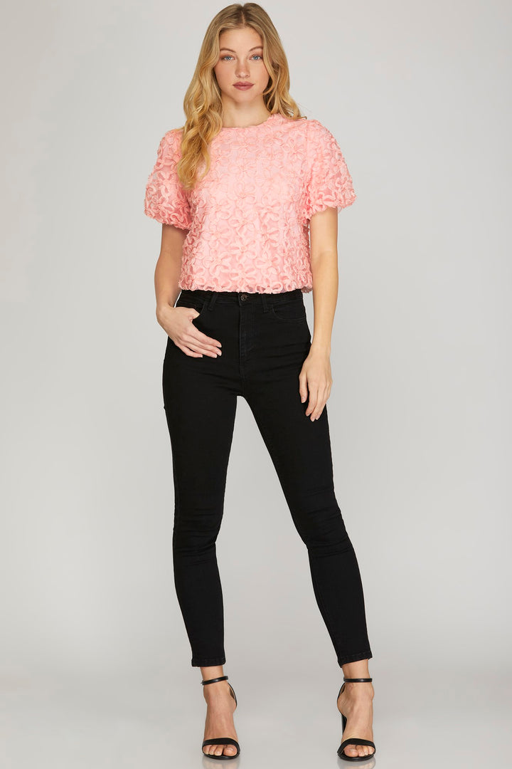 BLACK PUFF SLEEVES 3D MESH FLOWER TOP