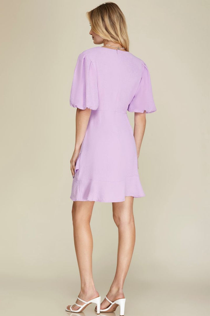 LAVANDER PUFF SLEEVES SURPLICE RUFFLED HEM WOVEN MINI DRESS SKSY6007