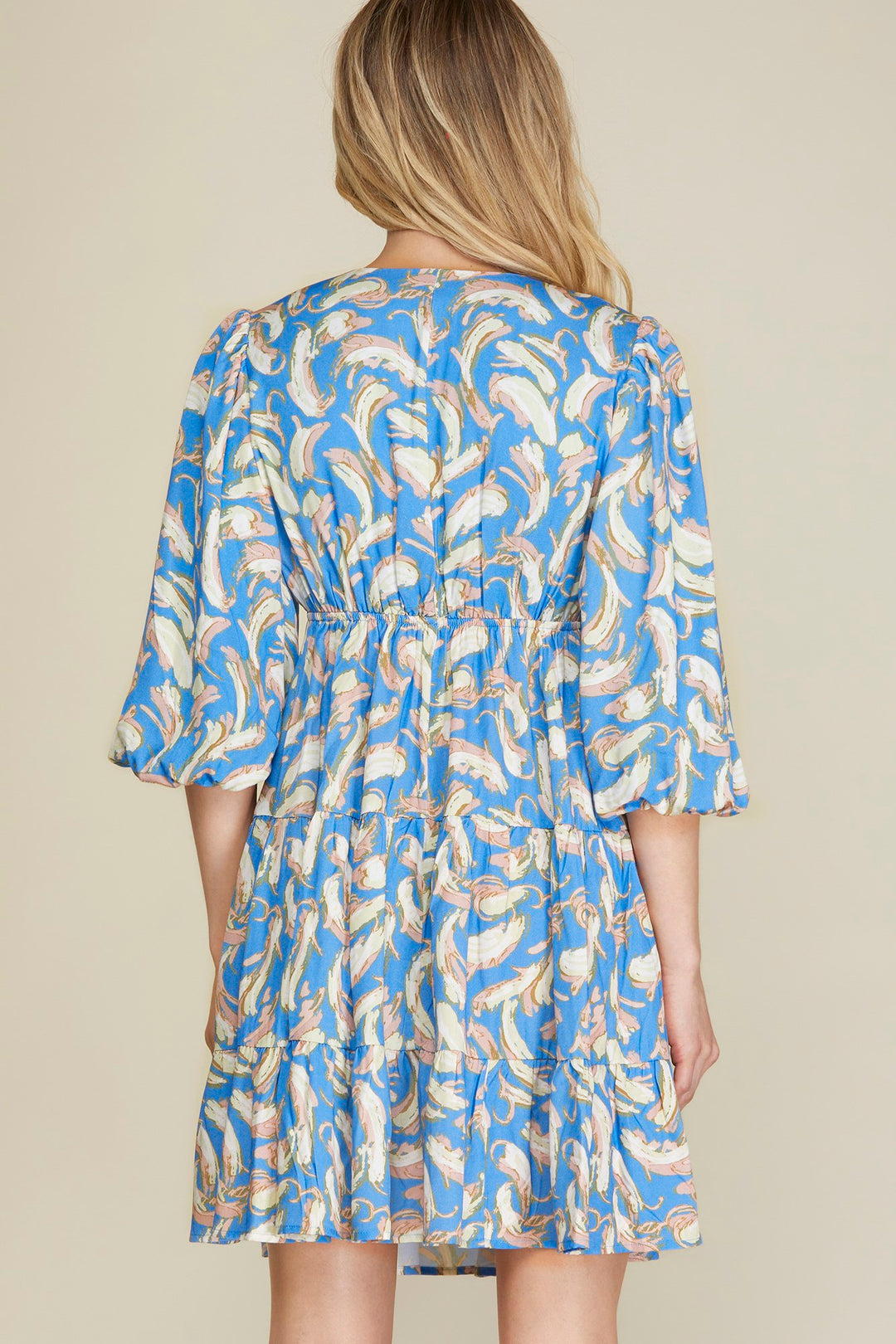 1/2 BUBBLE SLEEVE PRINT TIERED DRESS-SKSY5894