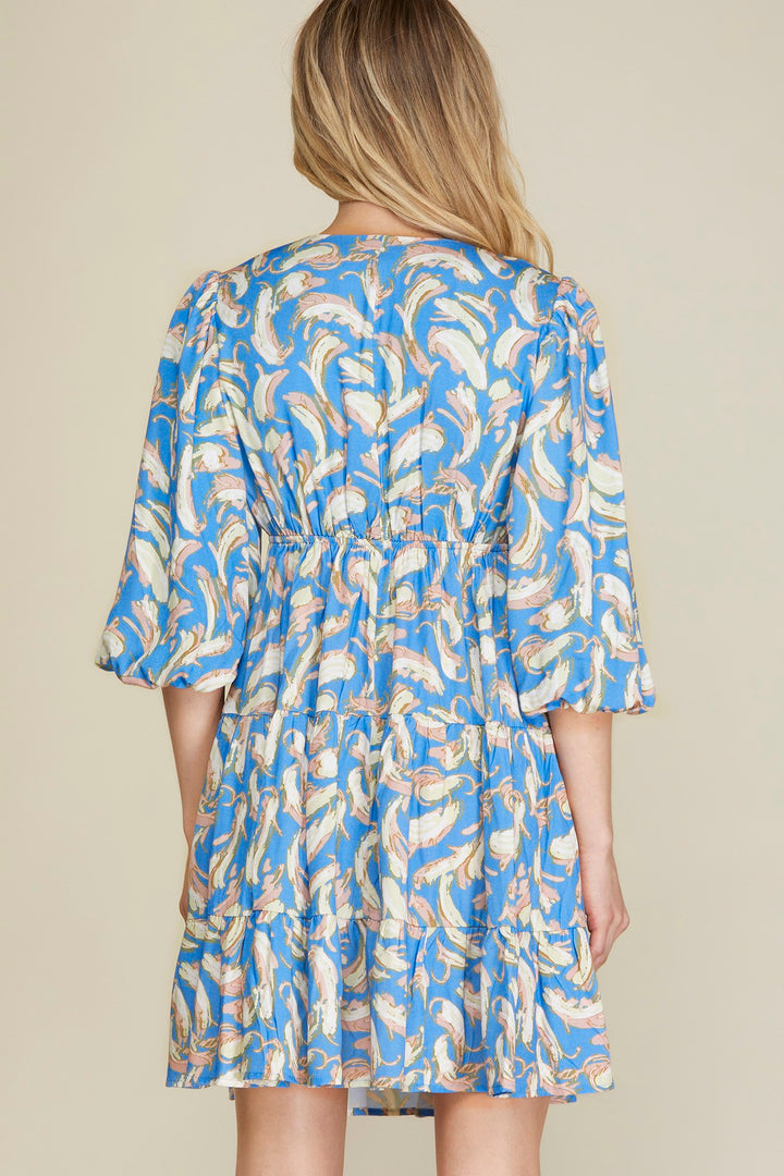 1/2 BUBBLE SLEEVE PRINT TIERED DRESS-SKSY5894