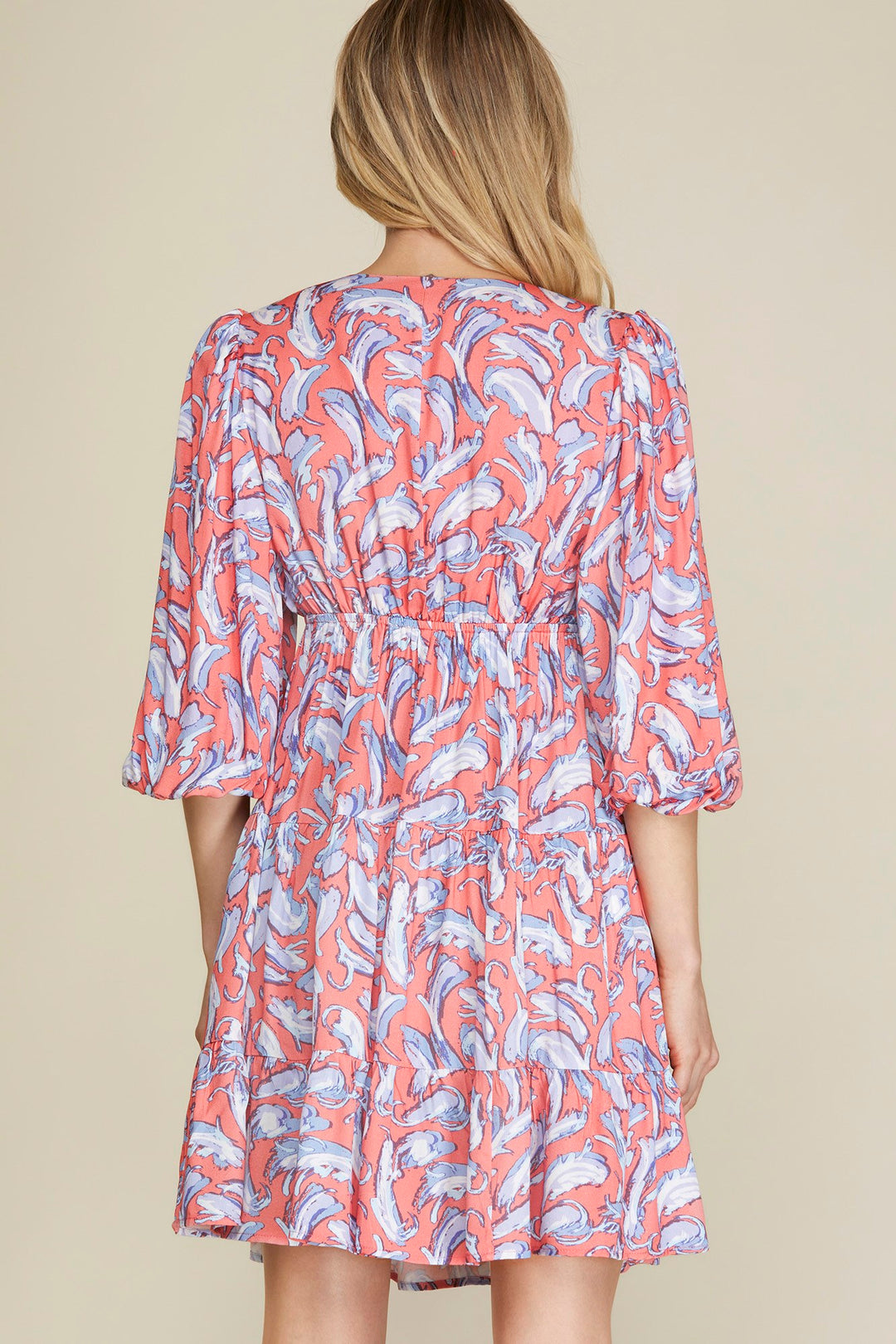 1/2 BUBBLE SLEEVE PRINT TIERED DRESS-SKSY5894