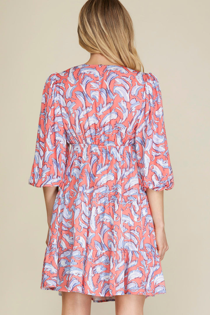 1/2 BUBBLE SLEEVE PRINT TIERED DRESS-SKSY5894