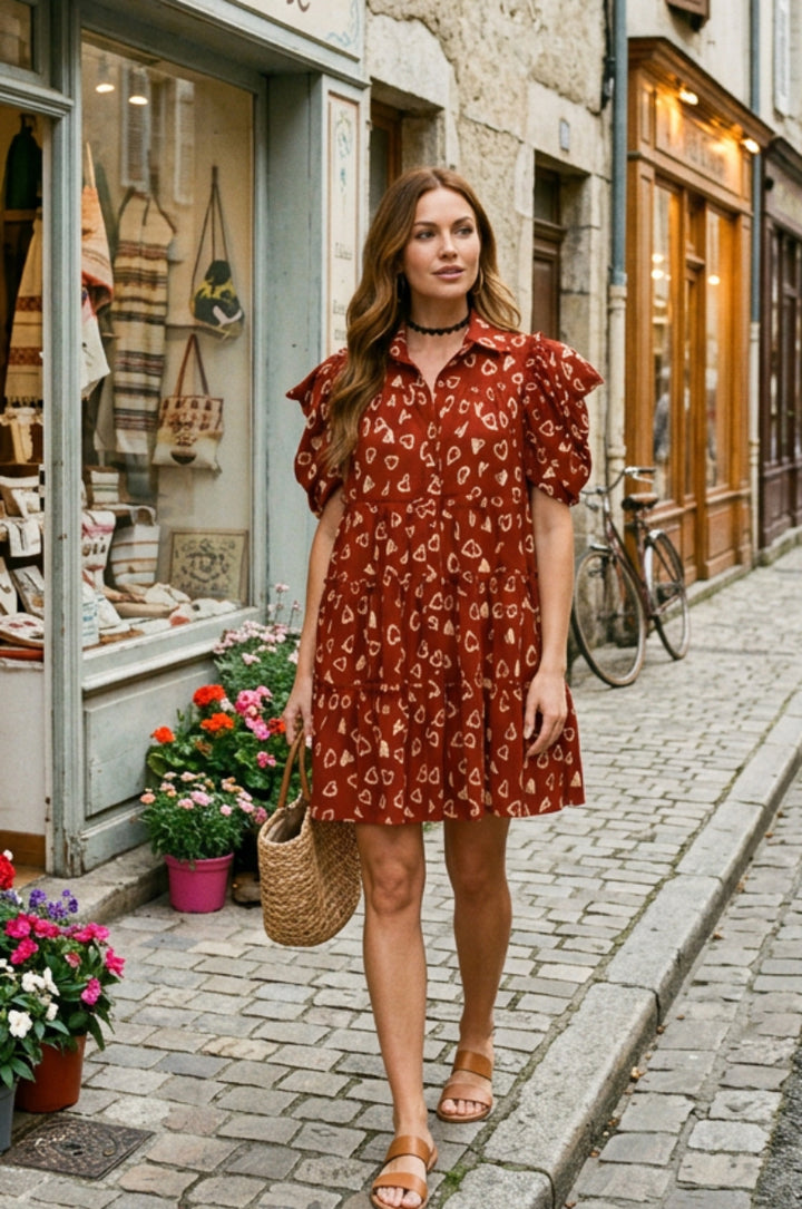 BUTTON DOWN TIERED HEART PRINT DRESS-SKSY5074