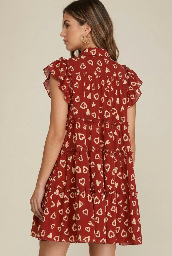BUTTON DOWN TIERED HEART PRINT DRESS-SKSY5074