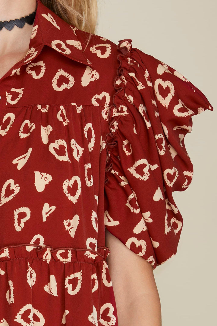 BUTTON DOWN TIERED HEART PRINT DRESS-SKSY5074