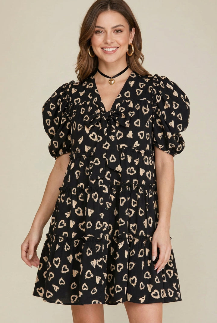 BUTTON DOWN TIERED HEART PRINT DRESS-SKSY5074