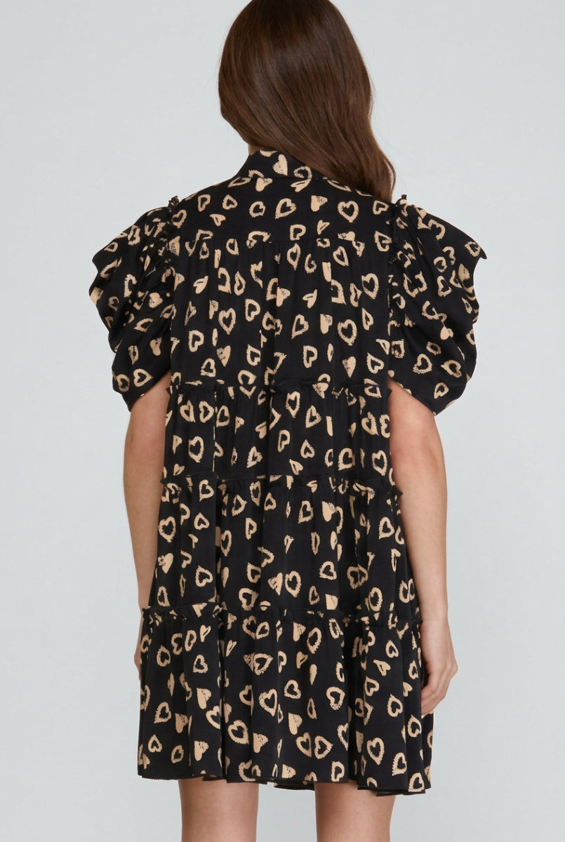 BUTTON DOWN TIERED HEART PRINT DRESS-SKSY5074