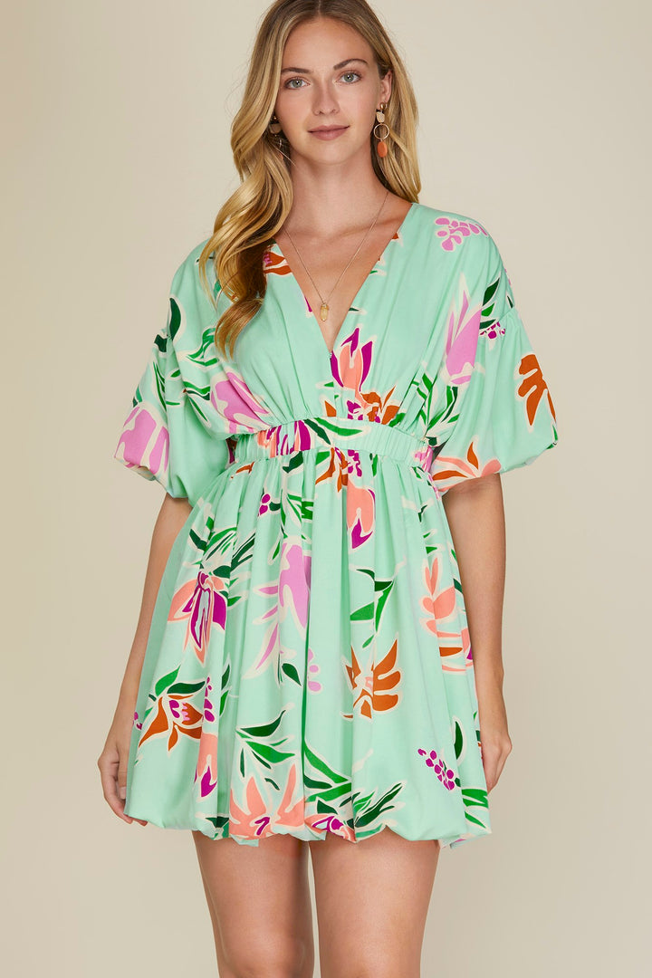 PUFF SLEEVE WOVEN PRINT SURPLICE BUBBLE HEM DRESS