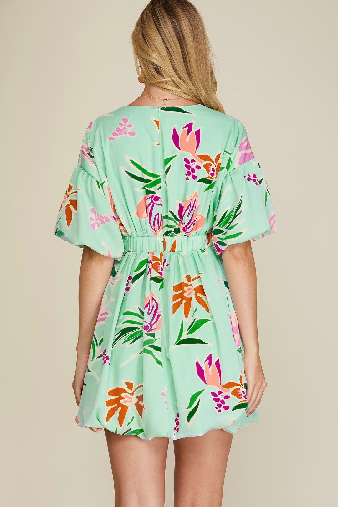 PUFF SLEEVE WOVEN PRINT SURPLICE BUBBLE HEM DRESS