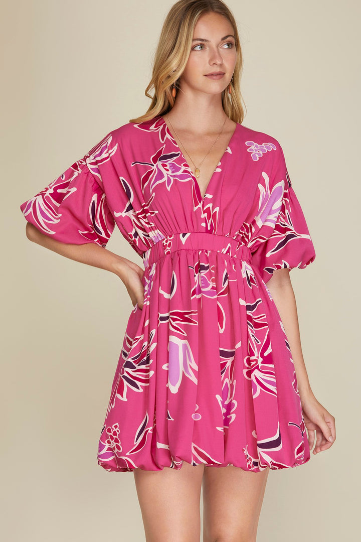 PUFF SLEEVE WOVEN PRINT SURPLICE BUBBLE HEM DRESS