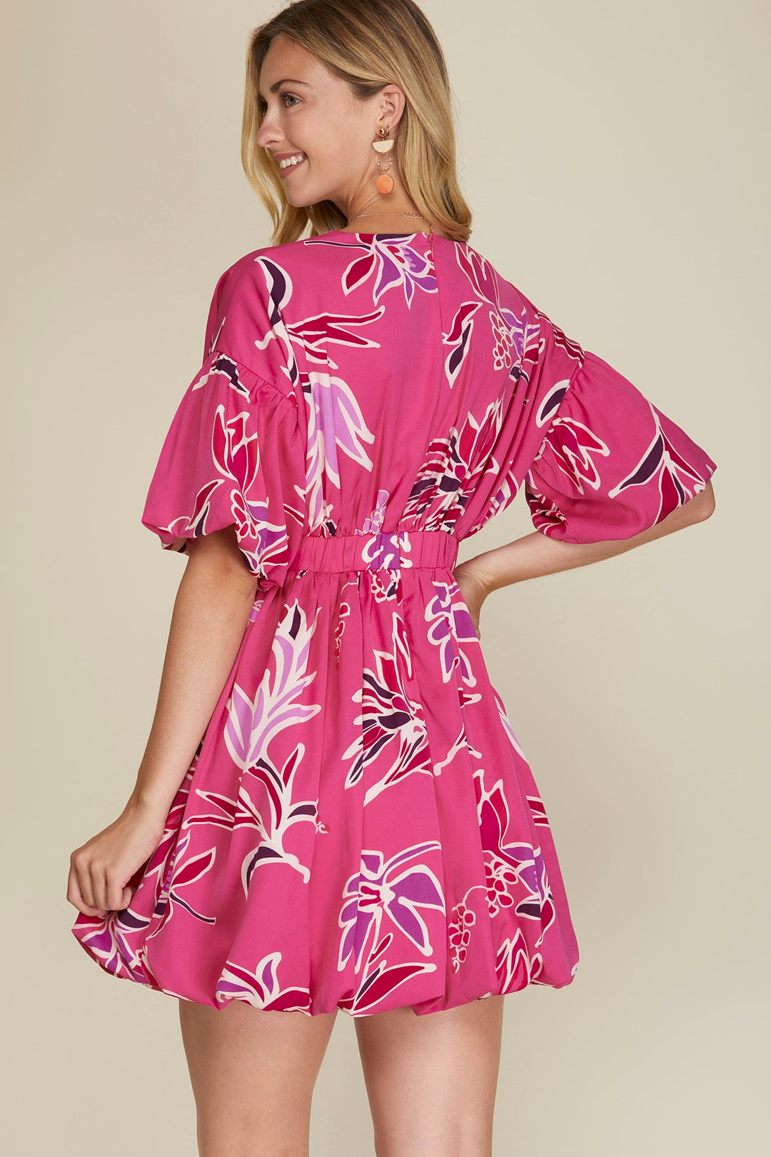 PUFF SLEEVE WOVEN PRINT SURPLICE BUBBLE HEM DRESS