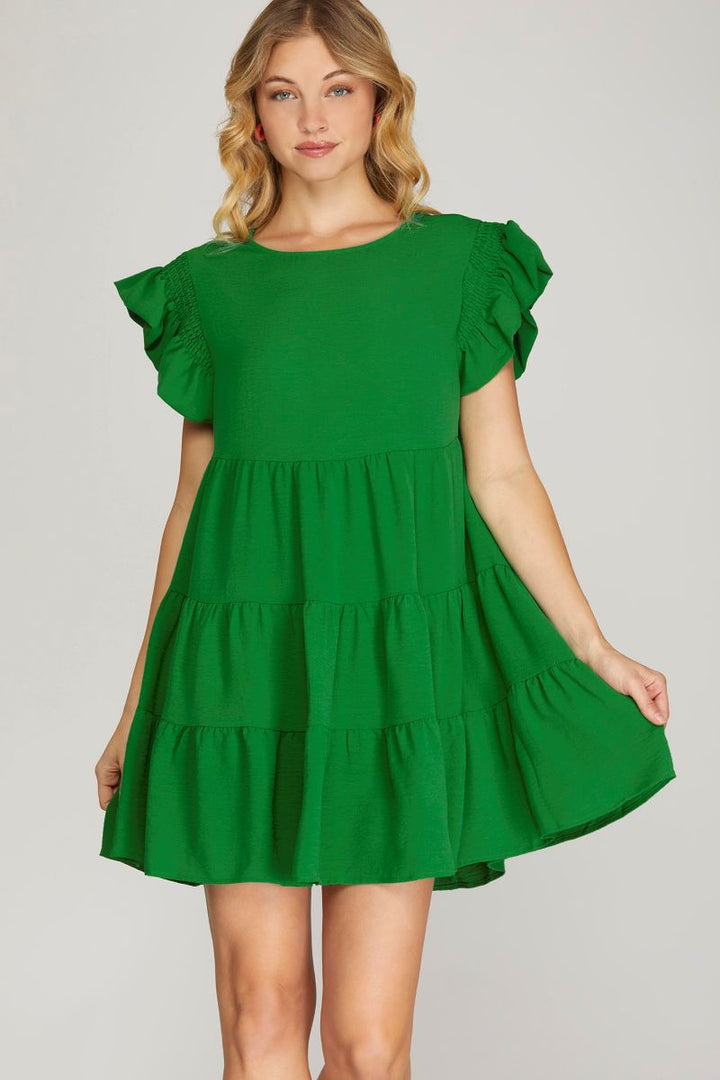 GREEN RUFFLED SMOCKED TIERED WOVEN MINI DRESS