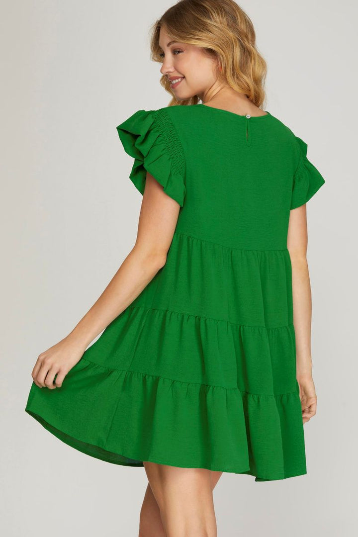 GREEN RUFFLED SMOCKED TIERED WOVEN MINI DRESS