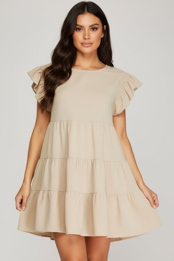 RUFFLED SMOCKED SLEEVE TIERED WOVEN DRESS-SKSY5936