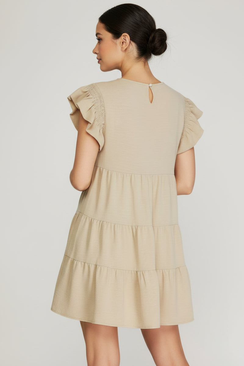 RUFFLED SMOCKED SLEEVE TIERED WOVEN DRESS-SKSY5936