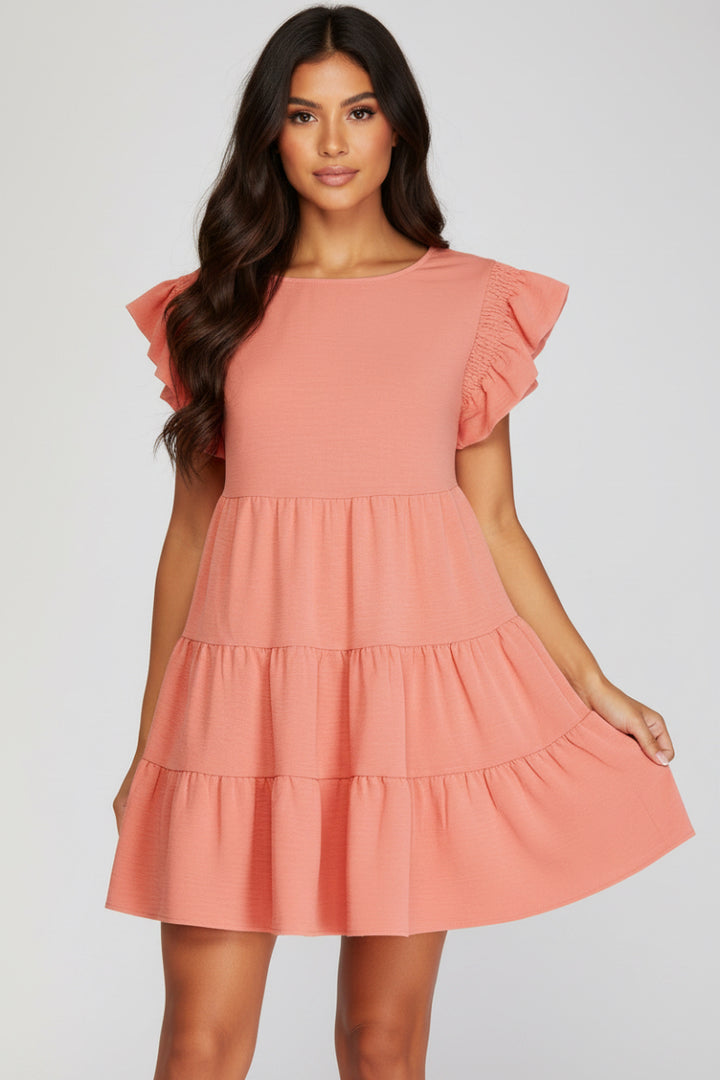 RUFFLED SMOCKED SLEEVE TIERED WOVEN DRESS-SKSY5936