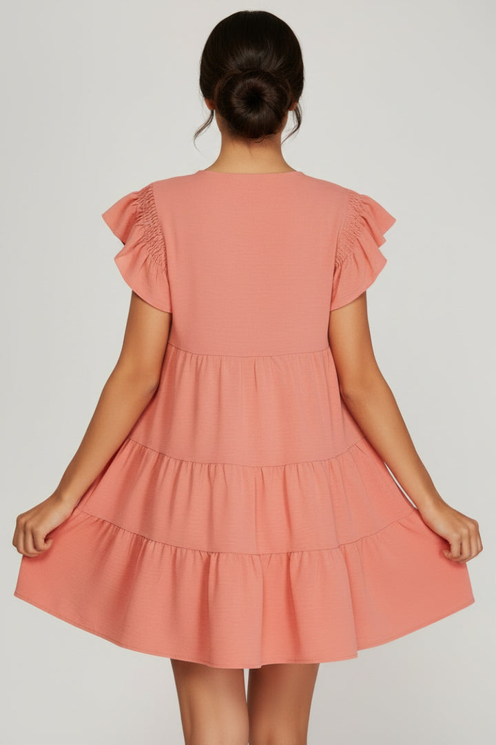 RUFFLED SMOCKED SLEEVE TIERED WOVEN DRESS-SKSY5936