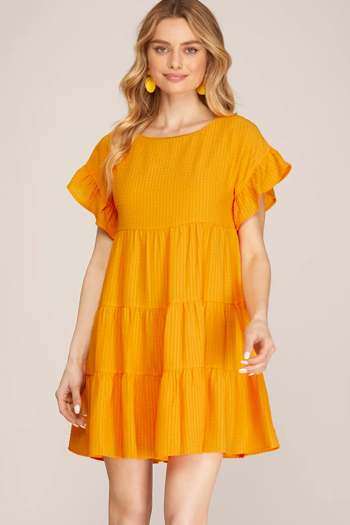 RUFFLED SLEEVE TEXTURE WOVEN DRESS-SKSY4020R