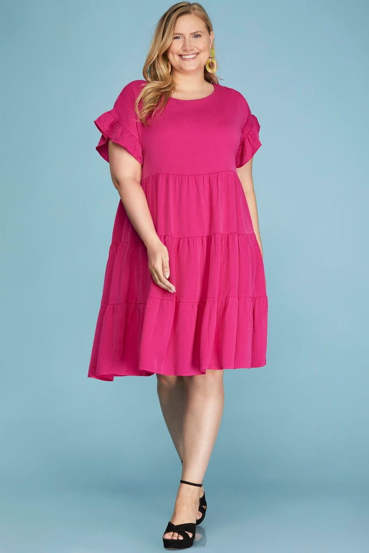FUCHSIA RUFFLED SLEEVES WOVEN PLUS SIZE MINI DRESS