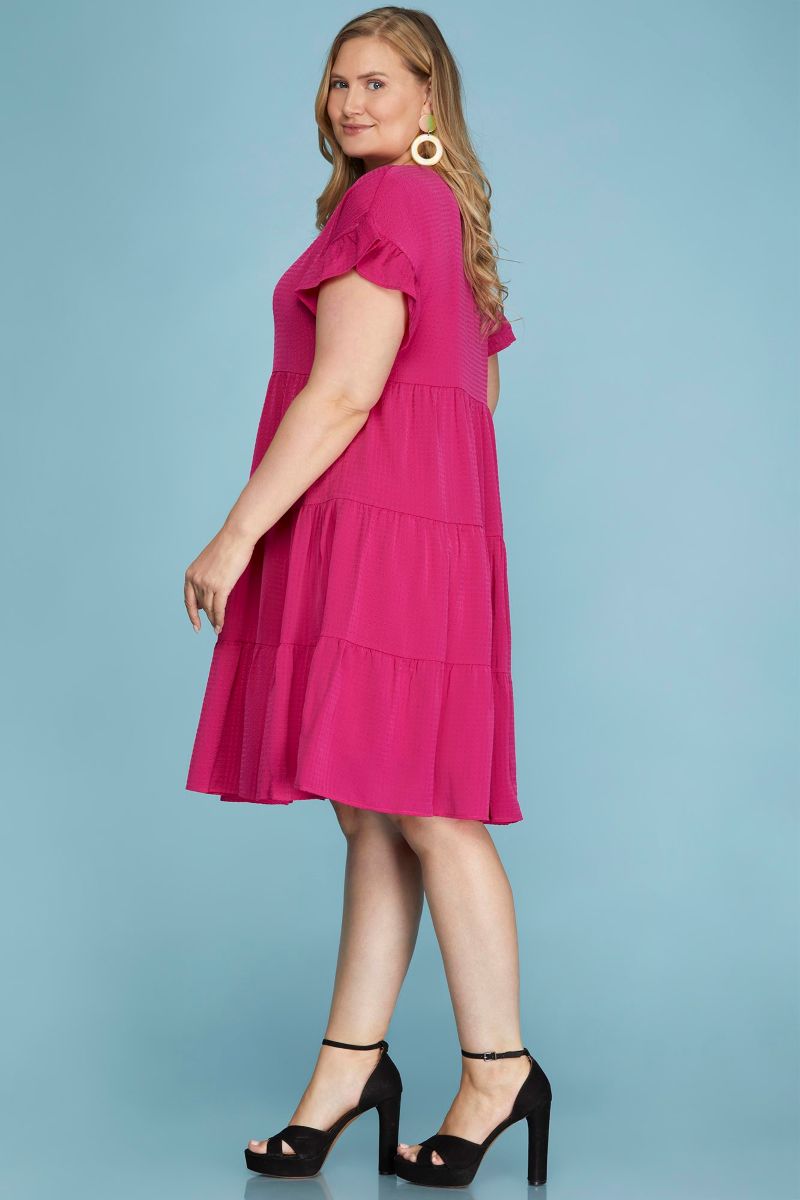 FUCHSIA RUFFLED SLEEVES WOVEN PLUS SIZE MINI DRESS