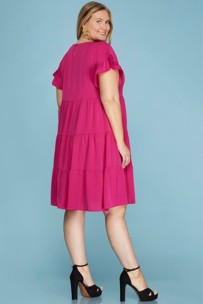 FUCHSIA RUFFLED SLEEVES WOVEN PLUS SIZE MINI DRESS