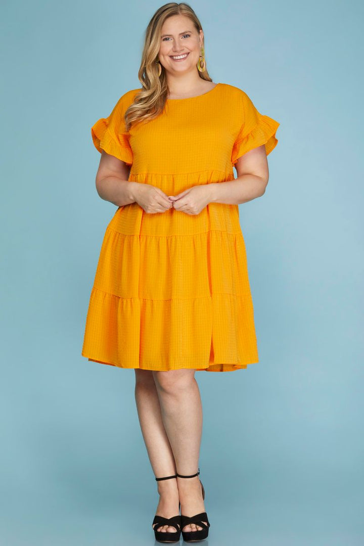 GOLD RUFFLED SLEEVES WOVEN PLUS SIZE MINI DRESS