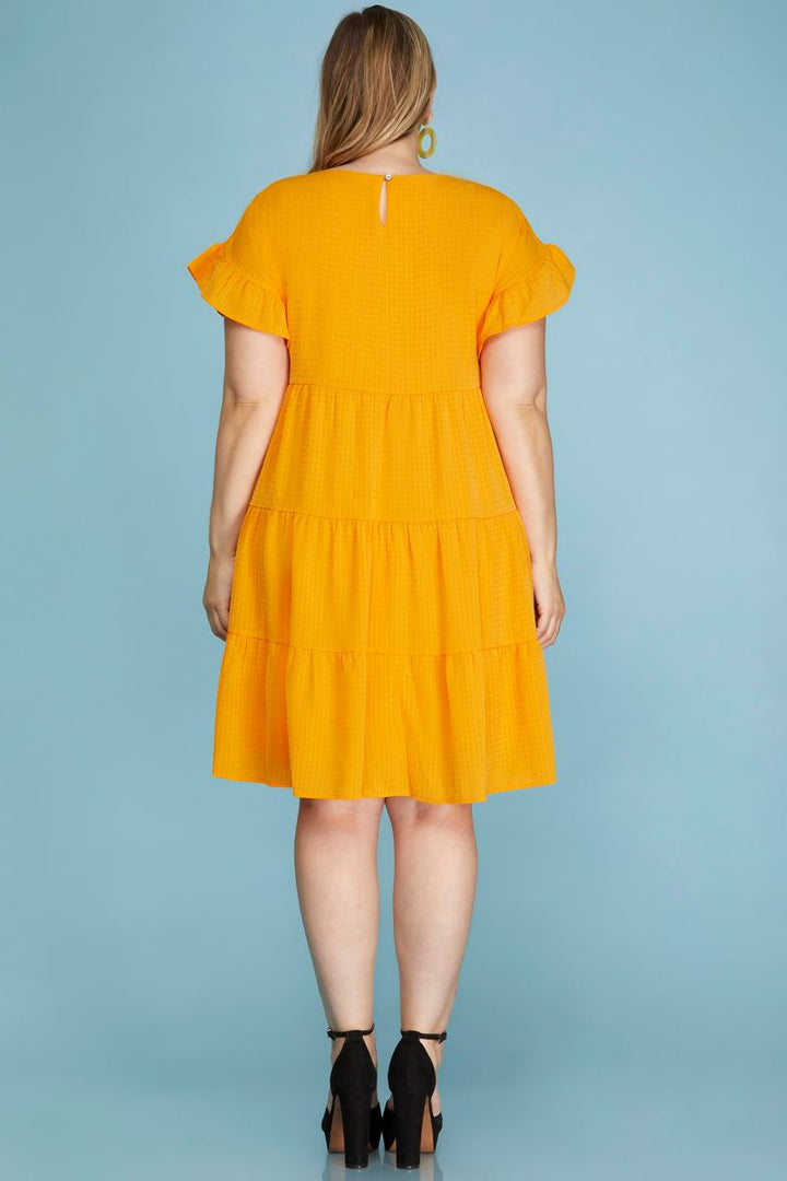 GOLD RUFFLED SLEEVES WOVEN PLUS SIZE MINI DRESS