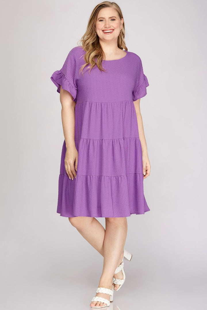 PURPLE RUFFLED SLEEVES WOVEN PLUS SIZE MINI DRESS