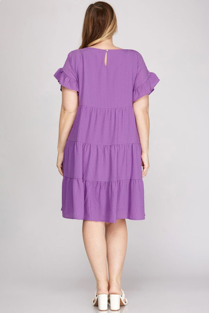 PURPLE RUFFLED SLEEVES WOVEN PLUS SIZE MINI DRESS