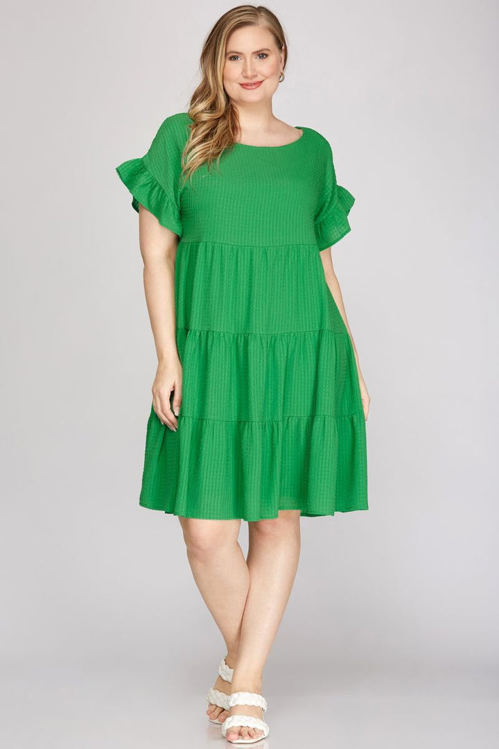 GREEN RUFFLED SLEEVES WOVEN PLUS SIZE MINI DRESS