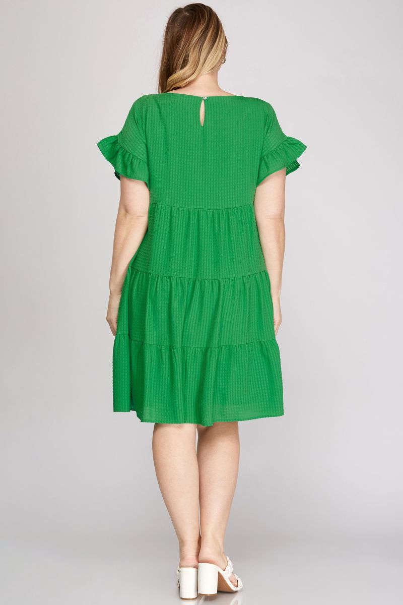 GREEN RUFFLED SLEEVES WOVEN PLUS SIZE MINI DRESS