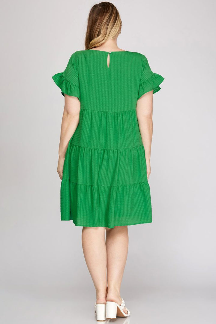 GREEN RUFFLED SLEEVES WOVEN PLUS SIZE MINI DRESS