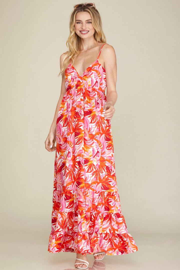 ORANGE FLORAL SLEEVELESS TIERED WOVEN MAXI DRESS SKSY5995