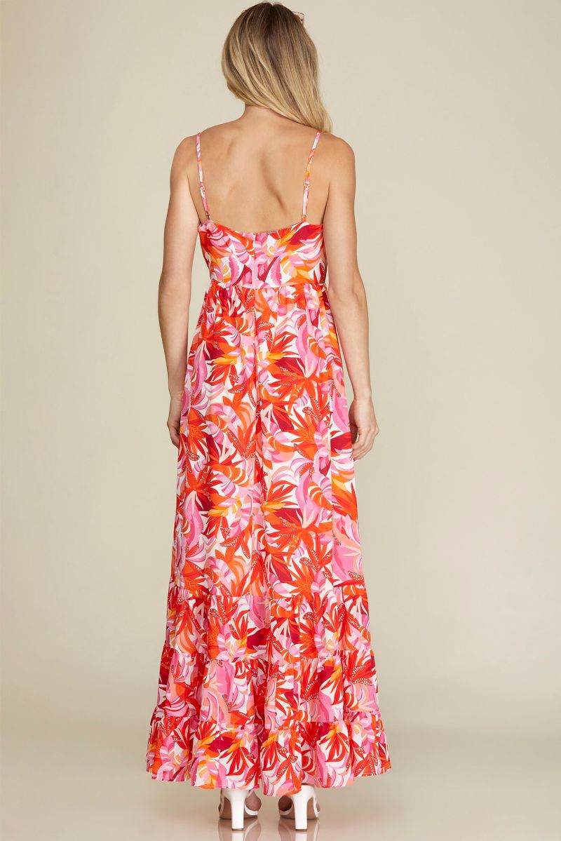 ORANGE FLORAL SLEEVELESS TIERED WOVEN MAXI DRESS SKSY5995