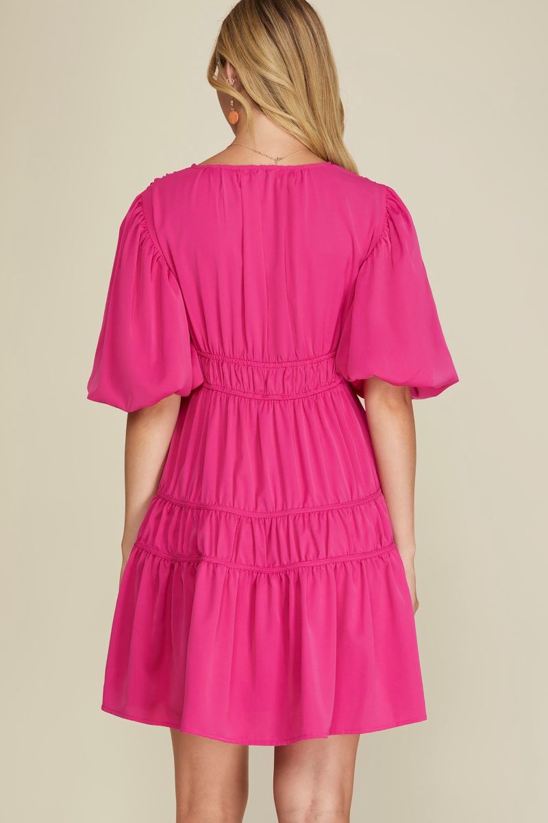 HOT PINK BALLOON SLEEVES TIERED WOVEN MINI DRESS SKSY6106