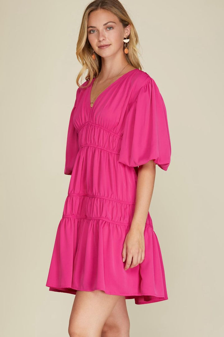 HOT PINK BALLOON SLEEVES TIERED WOVEN MINI DRESS SKSY6106