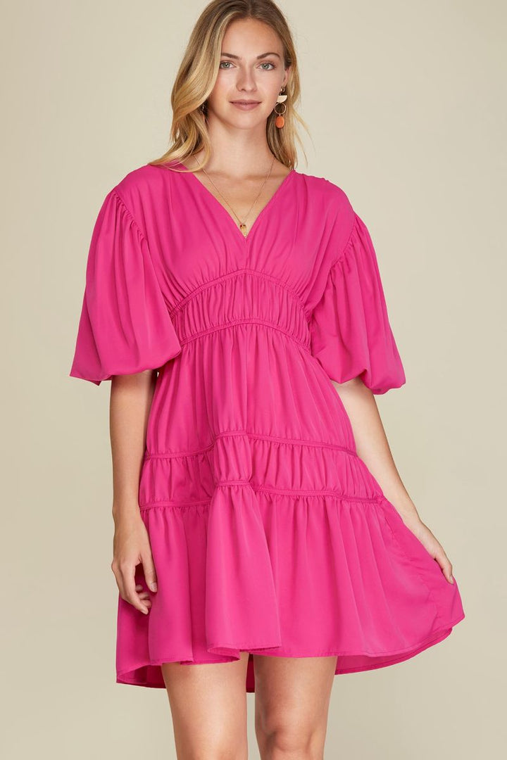 HOT PINK BALLOON SLEEVES TIERED WOVEN MINI DRESS SKSY6106