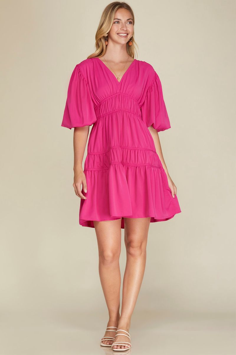 HOT PINK BALLOON SLEEVES TIERED WOVEN MINI DRESS SKSY6106